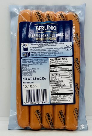 Berlinki Pork Hot Dogs 250g.