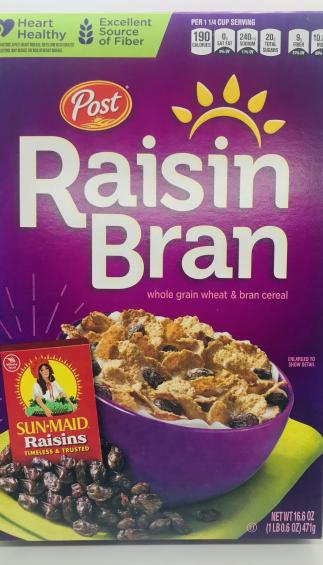 Post Raisin Bran whole grain wheat & Bran cereal 471g.