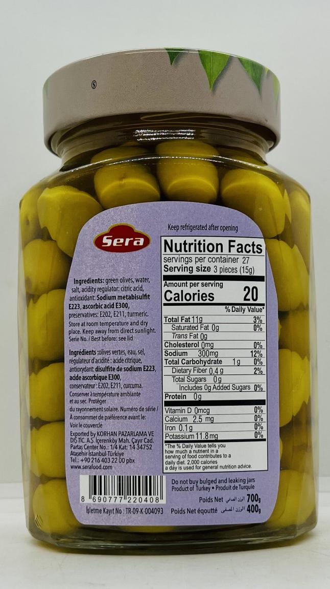 Sera Whole Green Olives in Brine 700g.