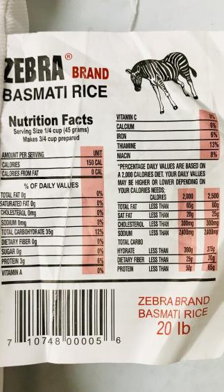 Zebra Basmati Rice 20Lb