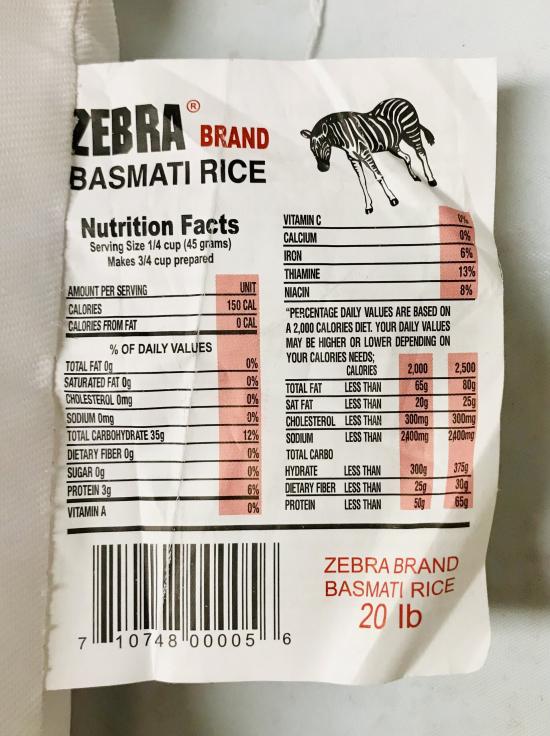 Zebra Basmati Rice 20Lb