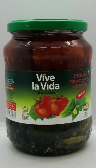 Vive la Vida Pickled Tomatoes & Gherkins 720mL.