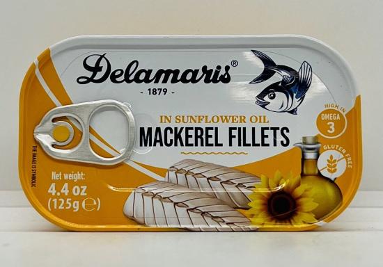 Delamaris Mackerel Fillets in Sunflower Oil 125g.