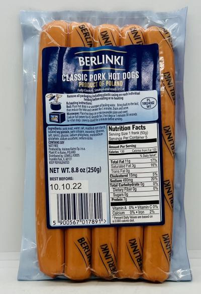 Berlinki Pork Hot Dogs 250g.