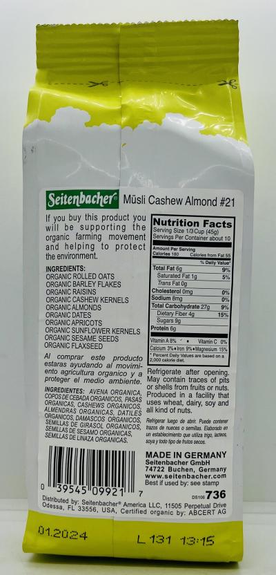 Seitenbacher Organic Musli Cashews Almonds 454g.