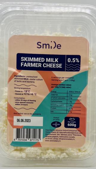 Smile Skimmed Milk Farmer Cheese 600g.