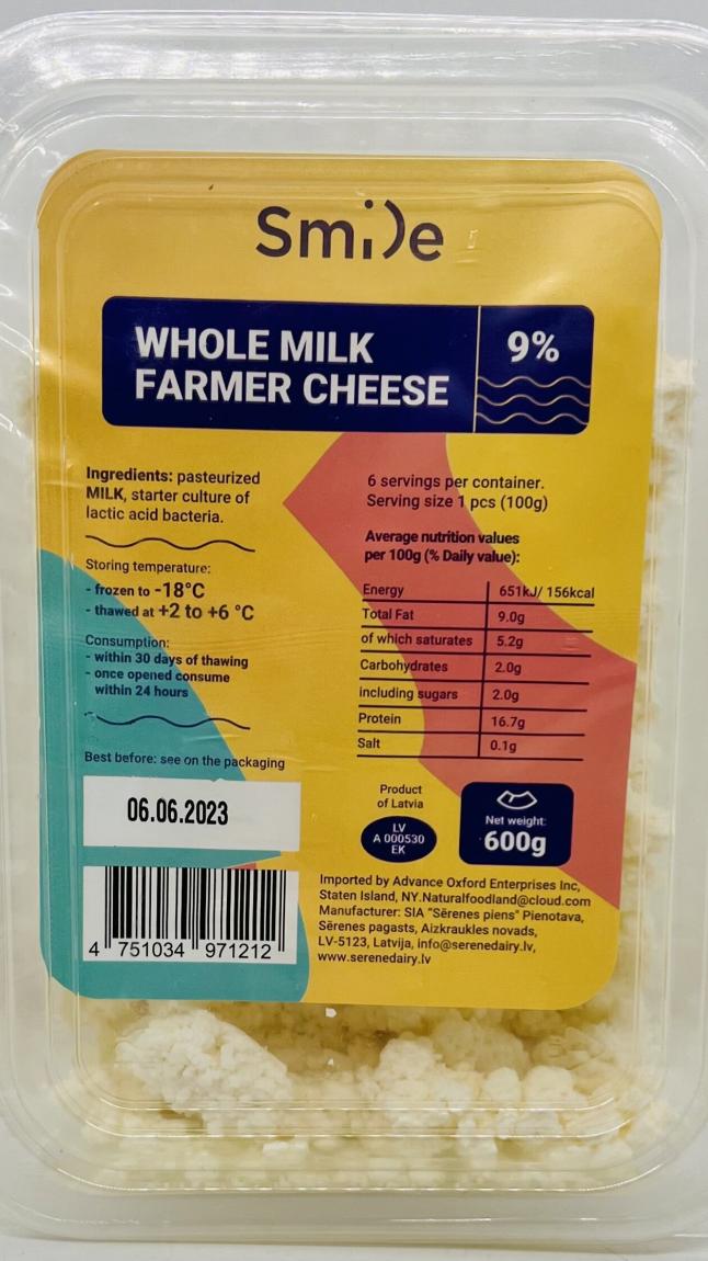 Smile Whole Milk Farmer Cheese 600g.