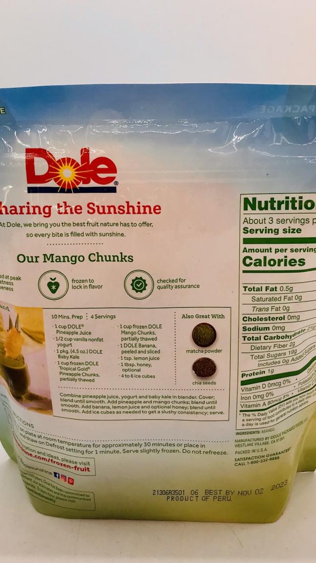 Dole Mango Chunks Keep Frozen 454g