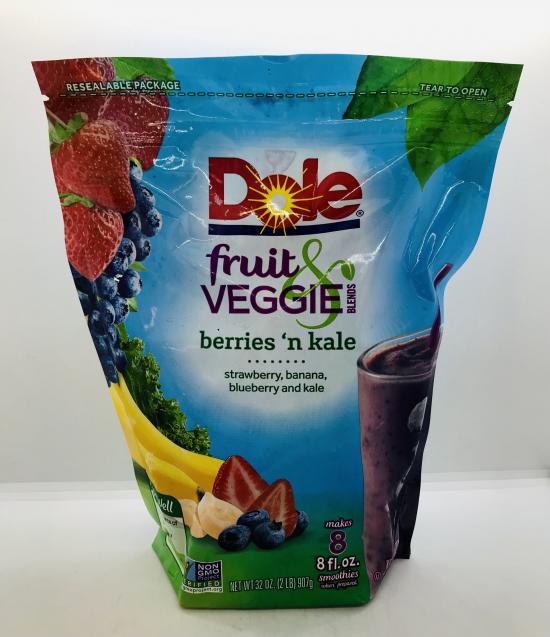 Dole Fruit & Veggie Blends Berries'n Kale Strawberry, Banana, Blueberry & Kale Frozen 907g