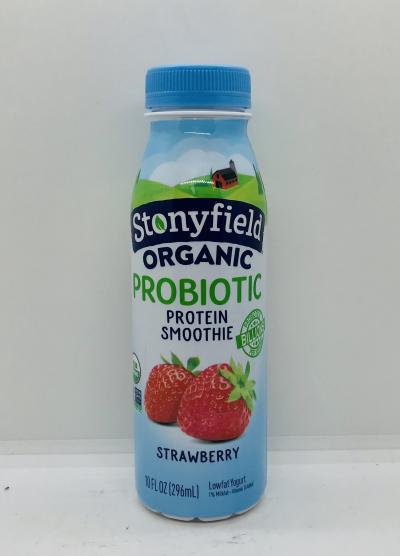 Stonyfield Organic probiotic strawberry smoothie 296mL.