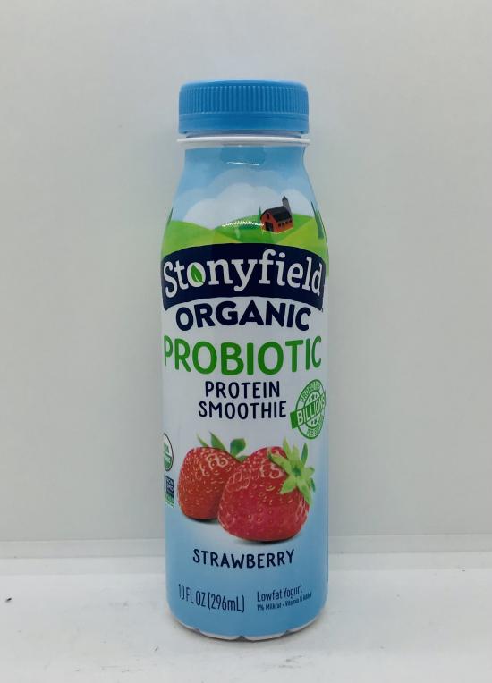 Stonyfield Organic probiotic strawberry smoothie 296mL.