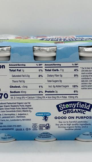 Stonyfield Organic probiotic very berry smoothie 552mL.