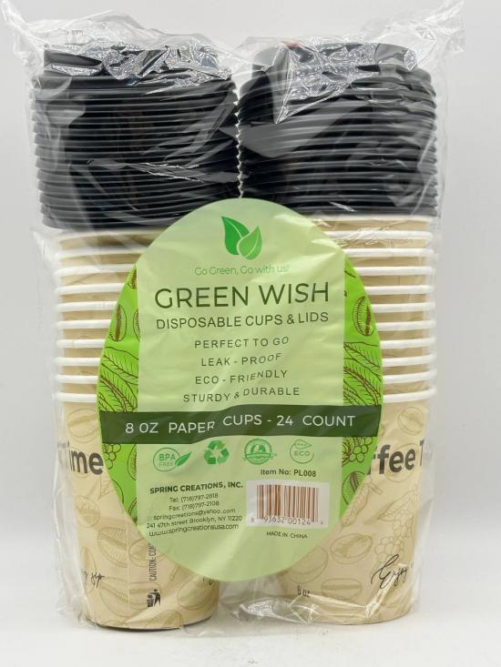 GREEN WISH DISPOSABLE CUPS & LIDS 24 PC